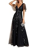 Ever-Pretty Women's V Neck Short Sleeve Elegant Floor Length A Line Long Tulle Evening Dresses Black 12UK