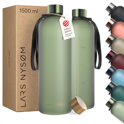 Image of LARS NYSOM Water Bottle 51oz | Drinking Bottle 1.5Liter | Ultralight Tritan Sports Flask leak-proof | Ideal for sports, office, yoga | 2 lids included (Green /Gold, XL 50.7oz)