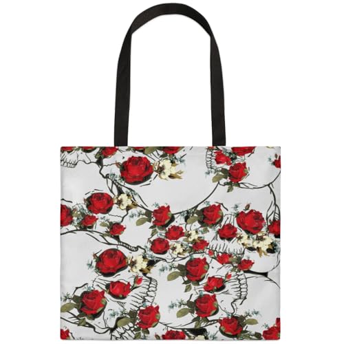 Mularoka Rose Skulls Square Canvas Tote Bag Top Handle Purses Stylish Women Canvas Shoulder Tote Bags Reusable Handbags for Work Travel Picnic Beach Shopping Gym Hiking