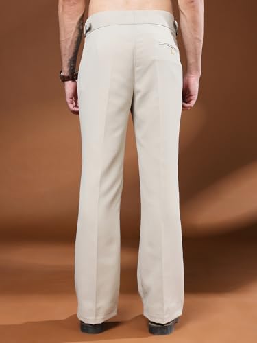 Image of Mens Beige Gurkha Pants with Classic Buckle Closure Premium Casual Bell Bottom Trousers for Men High Waist Pleated Formal & Casual Wear Pant Stylish Retro Flared Bottom Pant