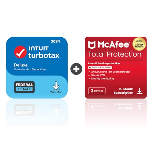 TurboTax Deluxe 2024 Tax Software, Federal & State [PC/MAC Download] & McAfee Total Protection 3 Devices