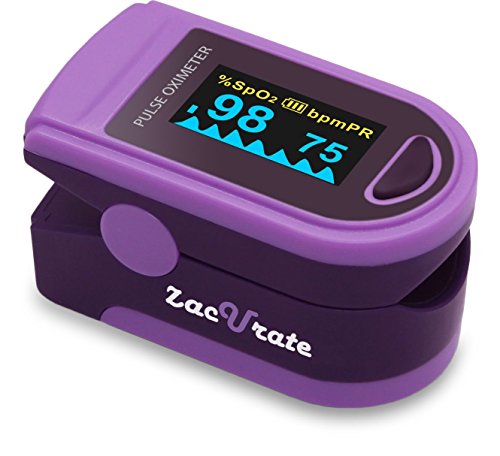 Zacurate Pro Series 500D Deluxe Fingertip Pulse Oximeter Blood Oxygen Saturation Monitor with silicon cover, batteries and lanyard (Royal Purple)