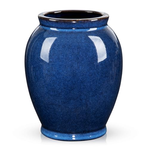 Blue Large Ceramic Vases for Flowers Navy Blue Glazed Pottery Vases Rustic Modern Farmhouse Distressed Decorative Vase for Home Kitchen Mantel Shelf Living Room Table Centerpiece Decor - 6.7 Inch Tall