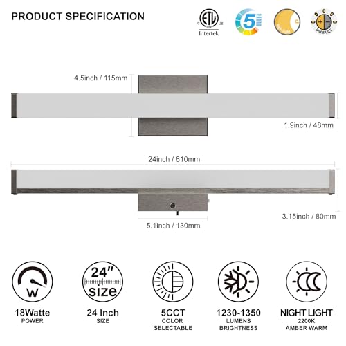Image of 24 Inch Bathroom Vanity Light Fixtures with Night Light: Long Square Wall Mounted LED Lighting Bar over mirror with 5CCT & 2200K Color Changing, 120V, 1230-1350lm, ETL, Brushed Nickel, 1-Pack