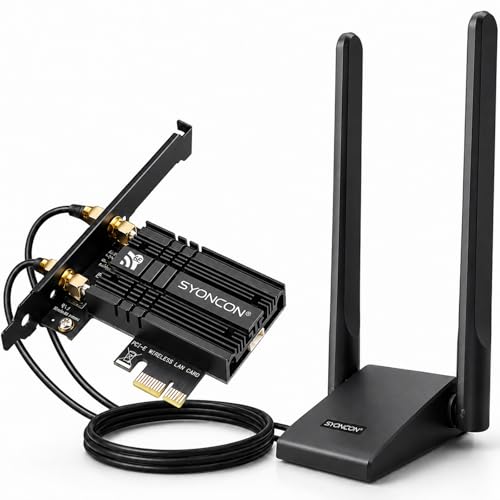 SYONCON AXE5400 Carte WiFi PCIe pour PC, Intel AX210 Wi-Fi 6E Bluetooth 5.3 avec Rallonge pour base d’antenne, Triple bandes (6 GHz/5 GHz/2,4 GHz) Carte...