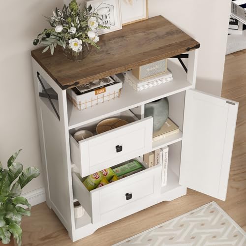 Fameill White Farmhouse Storage Cabinet With 2 Drawers & Shelves,Freestanding Storage Cabinet With Doors & Open Storage,Floor Storage Cabinet For Living Room,Bathroom,Kitchen,Laundry thumb #3