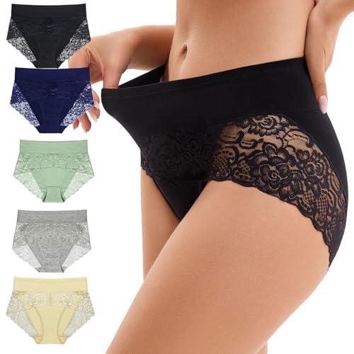 Sexy Lace Women Panties High waisted Tummy Control Comfortable Underwear cotton Female Briefs 5 Pack