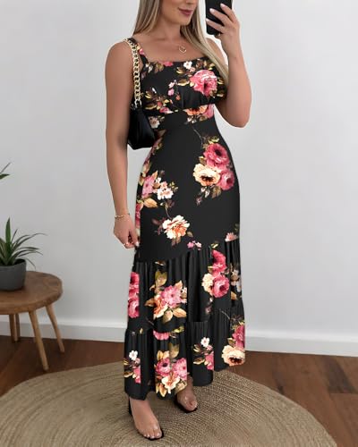 Image of CHICME Summer Dresses for Women 2026 Sleeveless Casual Boho Maxi Dress Square Neck Cut Out Floral A Line Dress
