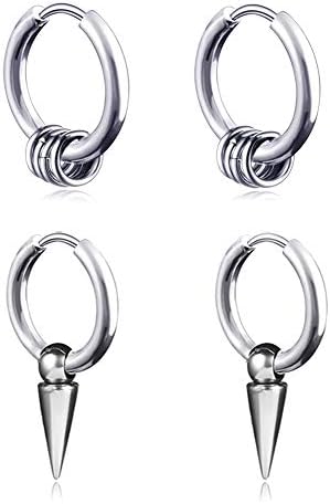 Hoop Earrings for Men With Spikes Cone Charm Dangle Silver 316L Stainless Steel Punk Hip Hop Rock Gothic Emo Style Kpop Earrings For Men Women Teen E Boys Girls