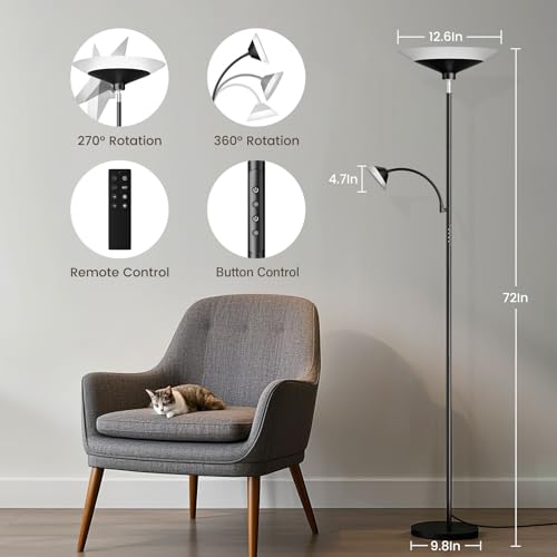 Image of SIBRILLE Upgraded 2-in-1 Torchiere Floor Lamp, Dimmable Standing Lamp with Remote&Button Control, 34W Brightness Adjustable Floor Reading Light, Black Modern Corner Lamp for Living Room Bedroom Office