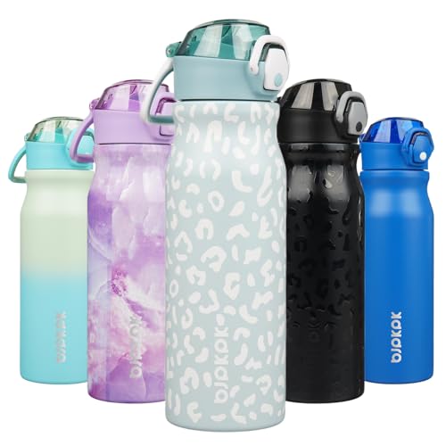 Image of BJPKPK 25 oz Insulated Water Bottle, Straw, Handle, Stainless Steel Flask | Leak Proof Locking Lid, Thermal, Double Wall Vacuum, Keeps Hot /Cold, BPA Free, Travel & Sports, Light Blue Leopard
