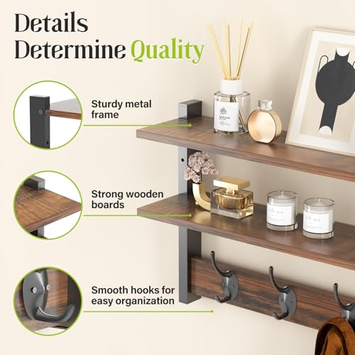 Orapoke 2 Tier Coat Rack Wall Mount with Shelf, 33" Wall Shelf with Hooks, Entryway Key Holder for Wall with 8 Heavy Duty Double Hooks, Coat Hook Wall Mounted for Bedroom, Living Room, Rustic Brown by Orapoke - Used condition - Image 2