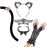 Bowtus Black Cat Costume Cosplay, Include Lace Ears, Masquerade Mask, Necklace, Gloves, Tail Halloween Decorations Women’s Sexy Set for Party Valentines Cosplay Costume, Large