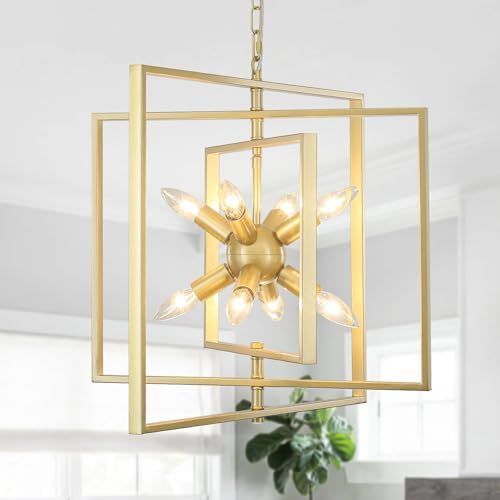 8-Light Modern Gold Chandelier, Lantern Dining Room Light Fixtures, Industrial Adjustable Hanging Pendant Lights Kitchen Island Dining Room Entryway Foyer