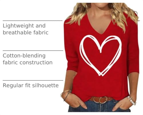 Image of Womens 3 /4 Sleeve V Neck Valentine T Shirts Love Heart Printed Graphic Tee Tops