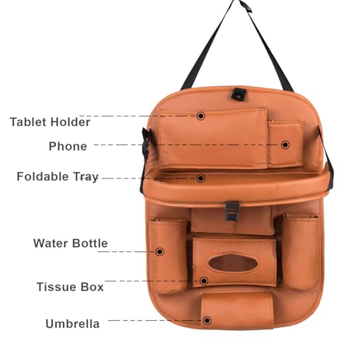 Image of Premium Car Backseat Organizer with Foldable Tray | Multi-Pocket Storage for Tablets, Phones, Bottles & Travel Essentials Seat Back Organizer (TAN)