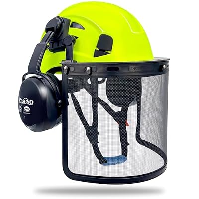 RDSGSO Chainsaw Safety Hard Hats with Mesh Face Shield and Ear Muffs Forestry Safety Helmet Outdoor Work Head Protection ANSI Approved (Green+B02E+NMesh)