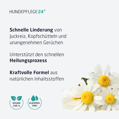 Hundepflege24 Ohrenreiniger für Hunde Akut - Extra-starker Hundeohr Reiniger bei Entzündungen & Infektionen - Natürliche Ohrentropfen für Hunde mit Piroctone Olamine, Kamille & Aloe Vera 250ml