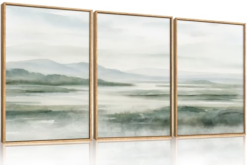 HOURIA Watercolor Misty Green Mountain Framed Canvas Wall Art Set-16"x24"x3