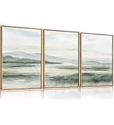 HOURIA Large Watercolor Misty Green Mountain Framed Canvas Wall Art,Neutral Brush Stroke Wall Dec...