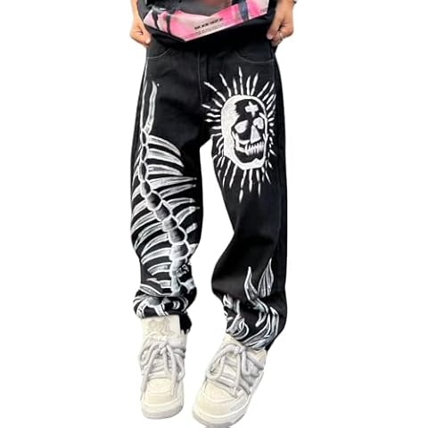 jupkem Baggy Jeans Men Grunge Skull Pants Y2k Gothic Wide Leg Graphic Jean Punk Hiphop Denim Jeans 90s Cool Streetwear(Black-L) Cover