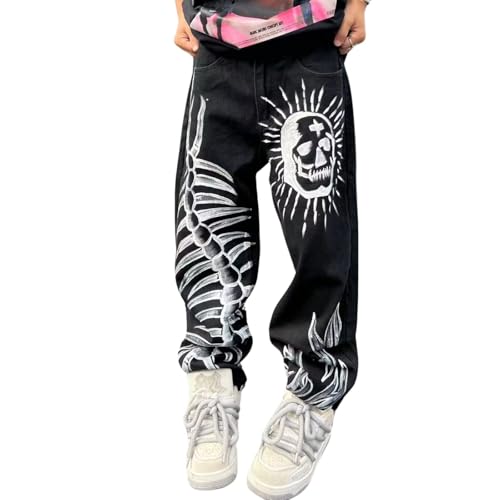 jupkem Baggy Jeans Men Grunge Skull Pants Y2k Gothic Wide Leg Graphic Jean Punk Hiphop Denim Jeans 90s Cool Streetwear