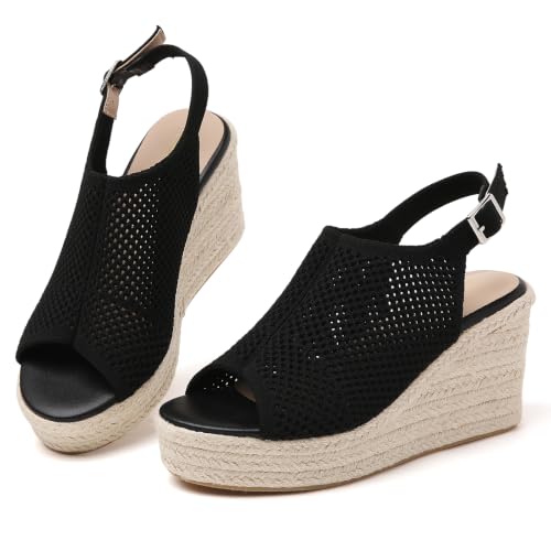 Image of Tilocow Womens Wedge Espadrilles Sandals for Summer | Peep-Toe,3.3 inch wedge heel, Casual Daily Wear,Cushioned Midsole for All-Day Comfort