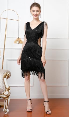 Image of Women Flapper Dresses 1920s V Neck Beaded Fringed Great Gatsby Club & Night Out Dresses