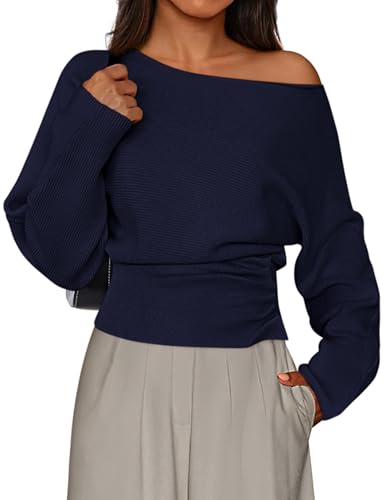 PRETTYGARDEN Women Off The Shoulder Sweater 2025 Fall Trendy Long Batwing Sleeve Knit Pullover Going Out Tops Winter Clothing (Navy Blue,Large)