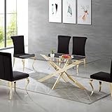 Maotifeys Luxury Gold Glass Dining Table for 4 Modern 51' Rectangular Kitchen & Dining Room Table with X-Shape Stainless Steel Base Large Clear Glass Top Dining Table for Home Office