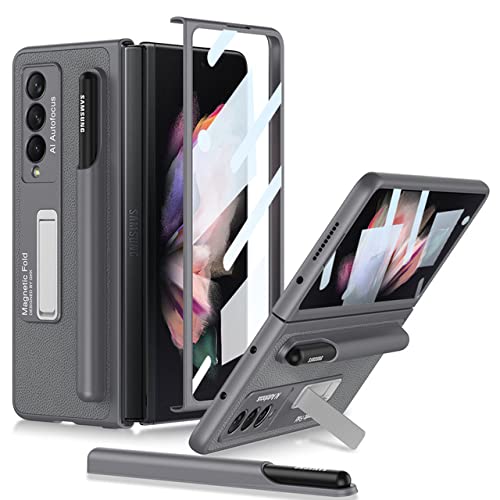 Housse cuir Samsung Z Fold 3 5G avec verre de protection et porte-stylet S Pen gris