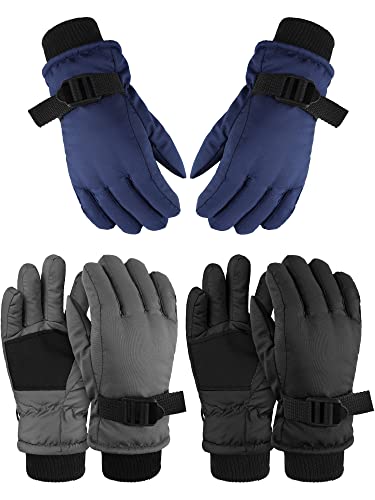 3 Pairs Kids Ski Snow Full Finger Multicolor Gloves Winter Waterproof Warm Mitten for Boy Girl Children (Black, Navy Blue, Gray, 9-11 Years)