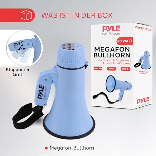 Pyle Megaphon mit Sirene & Mikrofon, Signalhorn 20 Watt mit Lautsprecher, Schultergurt, Aufnahmefunktion & Aux-Anschluss, Mini Megafon Kinder & Erwachsene, Robustes Tröte Faltbar für Indoor & Outdoor