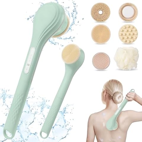 LINGSFIRE Electric Body Bath Brush, Rechargeable Back Scrubber for Shower, Long Handle Exfoliating Bath Brush for Shower, Lotion Applicator for Back, Silicone Body Scrubber with 6 Shower Brush Heads Cover