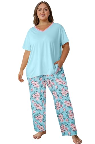 Image of Vozanet Women's Pajama Sets Short Sleeve with Long Pant Soft Sleepwear Printed pj Loungewear With TWO Pockets Size 1X to 5X