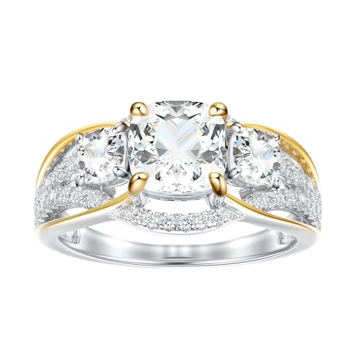2Ct 925 Sterling Silver 3 Stone Cushion Cut CZ Ring Two tone Cubic Zirconia Engagement Ring for Women Size 5-10
