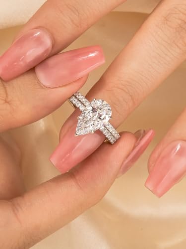 3.0CT Pear Cut Wedding Ring Set for Women, Sterling Silver Bridal Engagement Rings with 5A CZ Simulated Diamond, S925 Stackable Promise Ring Set4