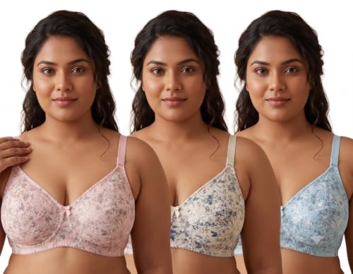 Image of Narsingha Dreams Women's Cotton Blend Floral Printed Non-Padded Plus Size Heavy Bust Minimizer Full Coverage T-Shirt Bra Combo Pack of 3