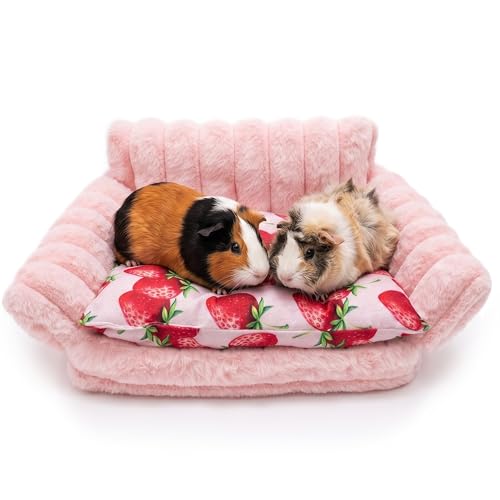 KAYCOWZA Guinea Pig Bed Soft Fleece Small Animal Sofa Cute Strawberry Washable Cozy Cage Accessories for Guinea Pig Bunny Chinchilla Hamster Ferret Hedgehog