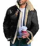 shownicer Jacke Herren Teddy-Fleece Gefüttert Kunstleder Übergangsjacke mit Reißverschluss Blouson Windbreaker Bomberjacke Fliegerjacke Bikerjacke Schwarz XXL