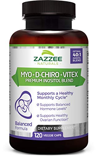 Zazzee Myo-Inositol + D-Chiro + Vitex, 120 Vegan Capsules, Optimal 40:1 Inositol Ratio, with 500 mg Vitex, Vegan, Non-GMO and All-Natural, Supports Healthy Ovulation and a Regular Cycle