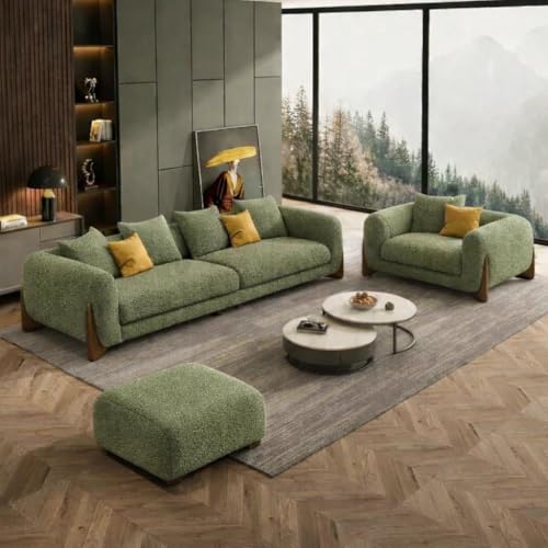 Image of Polyester Velvet Contemperory Sofa Set with Cushion Chaise Lounge, Sectional Sofa Perfect for Your Living Room,Guests Room & Office. (Green 3+1+1puffy)