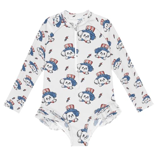 Dog USA Head Girls Long Sleeve Swimsuits One Piece Zipper Bathing Suit UPF 50+ Rashguard Swimwear Multicoloured