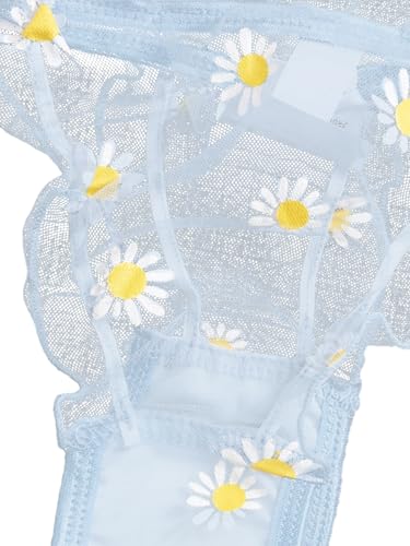Image of Lilosy Sexy Stretch Ruffle Tie Sheer Mesh Lingerie Set Outfits 2 Piece Women Kawaii Cute See Through Matching Bra Panty Underwear Floral Light Blue Large