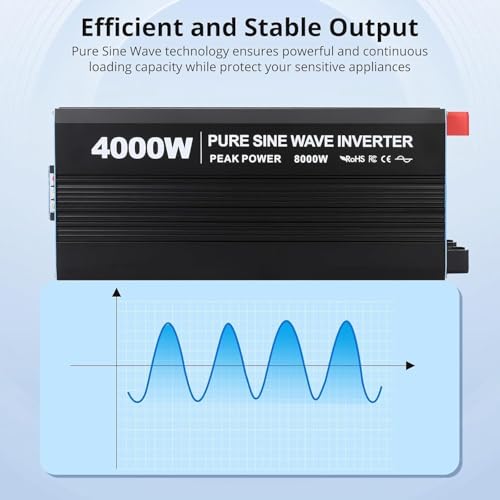 Image of 4000W Pure Sine Wave Power Inverter 12V to 110V /120V DC to AC with LCD Display, Remote Controller 4 x AC Outlets & 2 x 3.4A USB Car Adapter for Car Truck Boat RV Solar System