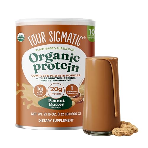 Four Sigmatic Organic Plant-Based Protein Powder | Clean Vegan Protein Elevated with Lion’s Mane, Chaga, Cordyceps and More for Brain Function and Immune Support | Peanut Butter, 21.16 oz