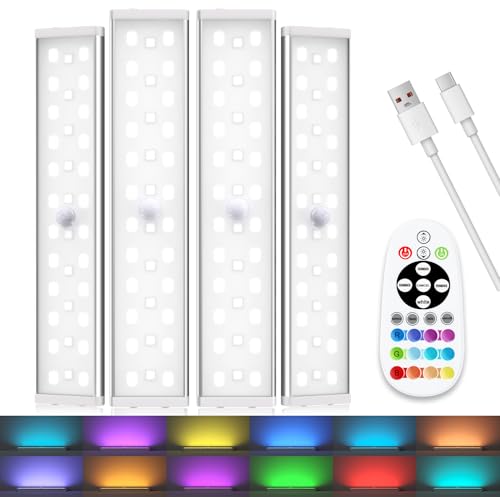 Diomart Under Cabinet Lighting, RGB Rechargeable Motion Sensor Light Indoor Night Lights, 58-LED Remote Control Under Counter Lights for Kitchen, Wardrobe, Hallway, Stairs, Desk (4 Pack)