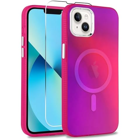 MOWIME Magnetic Case for iPhone 13 Case [Compatible with Magsafe] [Iridescent Fluorescent] [1 Screen Protector] Slim Translucent Matte Case for iPhone 13 6.1", Pink Cover