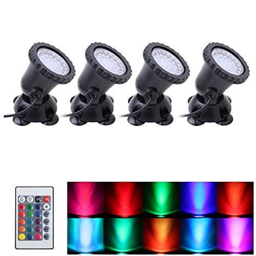 WEGEEY Pond Light, Waterproof IP68 Underwater Submersible Spotlights with Remote, 36 LED Multi-Color & Adjustable & Dimmable Aquarium Garden Fountain Waterfall Pool Tank Lights (4-Pack （Upgraded）)