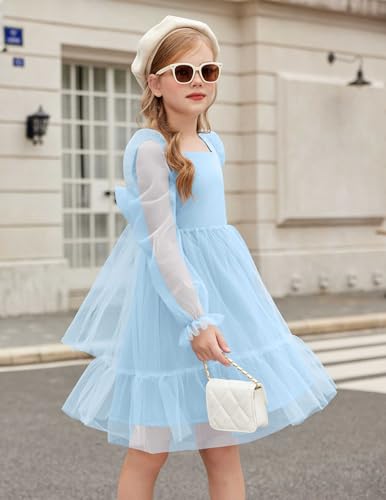 Arshiner Girls Tie Back Dress Puff Long Sleeve Formal Square Neck Party Tulle Dresses3